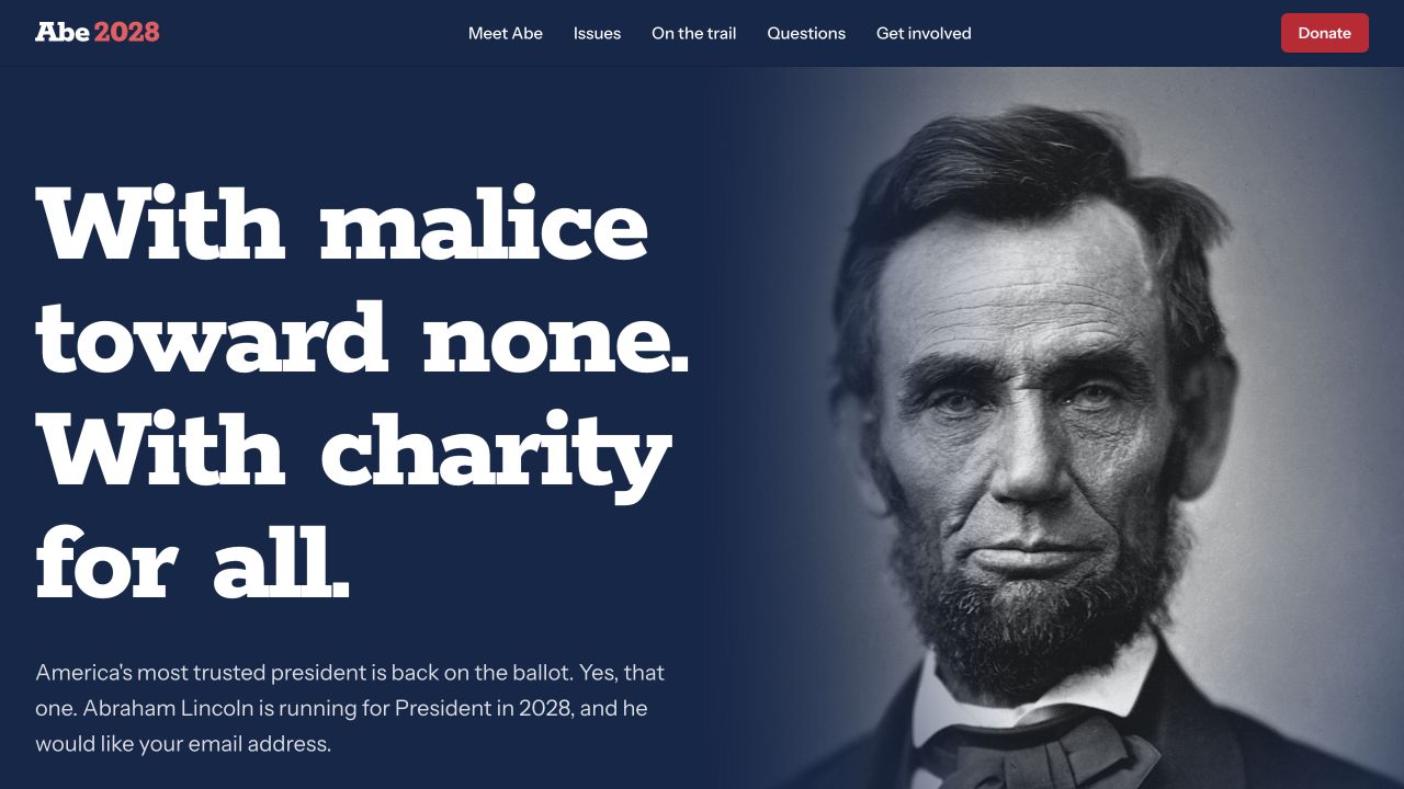 Abe for President demo campaign website with donate navigation and Abraham Lincoln portrait